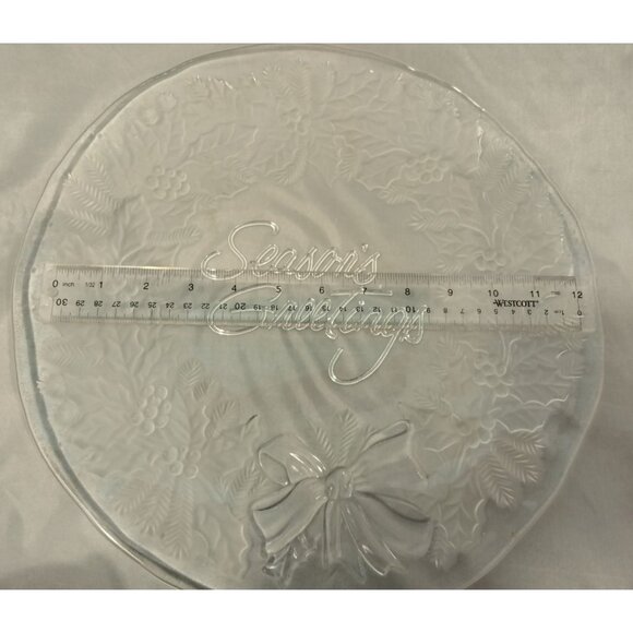 Home Interiors Glass Christmas Platter Frosted Seasons Greetings Wreath 13 in - Picture 3 of 6